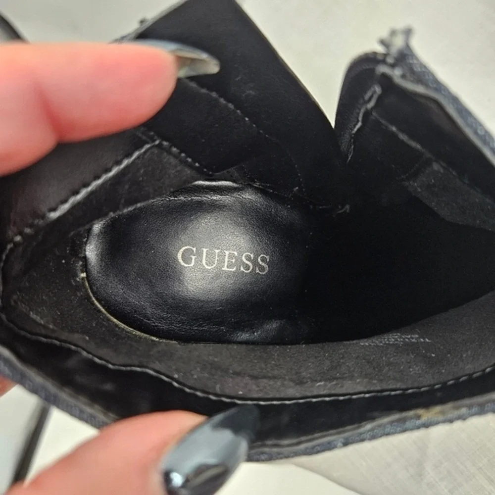 GUESS‎ Womens Dark Blue Denim Rhinestone Pointed Toe Stiletto Ankle Boots Zip